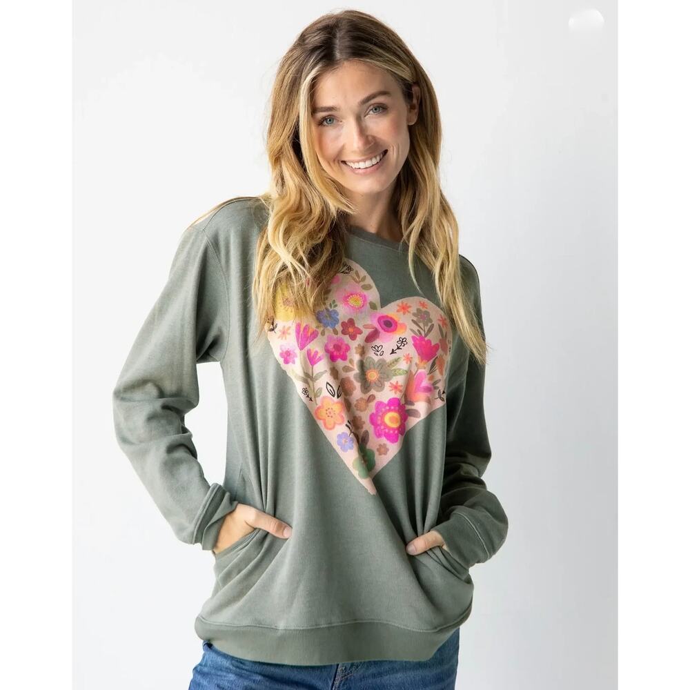 Natural Life Comfy Pocket Heart Graphic Sweatshirt Women's XL Green Lounge Boho - Picture 2 of 8
